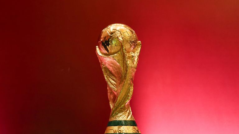 The world cup trophy, designed by Italian sculptor Silvio Gazzaniga, is pictured during the CAF draw, for the second round of Confederation of African Football (CAF) matches for 2022 FIFA World Cup qualification, in the Egyptian capital Cairo on January 21, 2020.