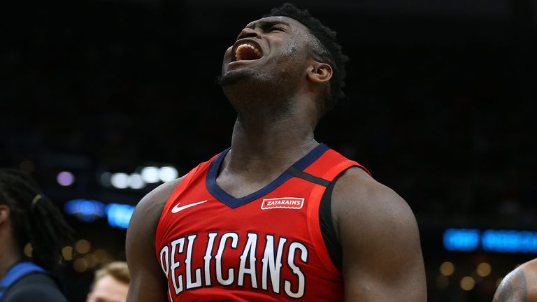 Zion Williamson roars in celebration during a Pelicans game