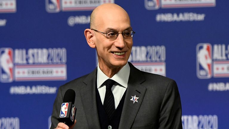 NBA commissioner Adam Silver addresses the media at the 2020 All-Star Weekend in Chicago