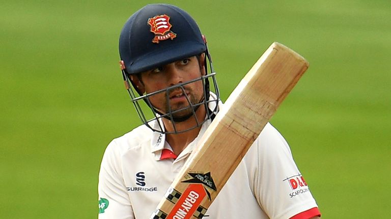Sir Alastair Cook of Essex celebrates after reaching his half century during Day Four of the Specsavers County Championship Division One match between Somerset and Essex at The Cooper Associates County Ground on September 26, 2019 in Taunton, England.