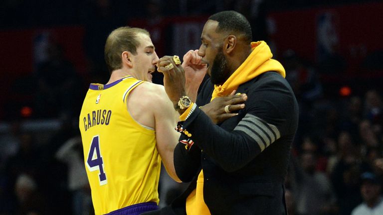 Alex Caruso and LeBron James celebrate during a Lakers game