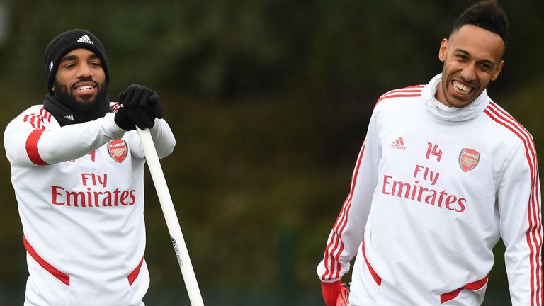 Alexandre Lacazette and Pierre-Emerick Aubameyang training