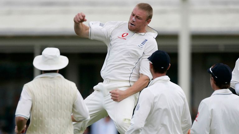 BIRMINGHAM, UNITED KINGDOM - AUGUST 06: Andrew Flintoff of England celebrates taking the wicket of Justin Langer of Australia during day three of the second npower Ashes Test match between England and Australia at Edgbaston on August 6, 2005 in Birmingham,England.  (Photo by Clive Mason/Getty Images) *** Local Caption *** Andrew Flintoff