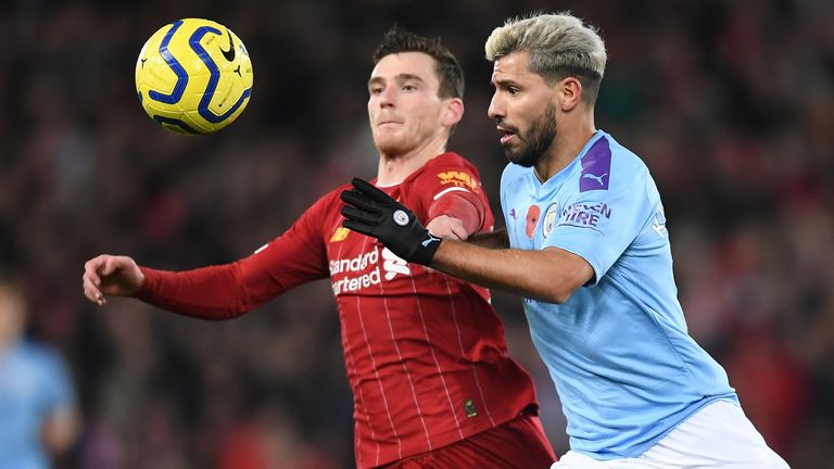 Andy Robertson and Sergio Aguero in action during Liverpool's 3-1 win against Manchester City in November