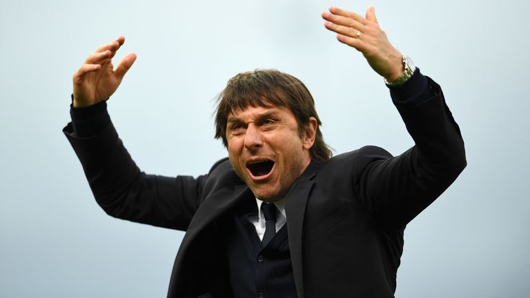 Antonio Conte, Manager of Chelsea celebrates after the Premier League match between Stoke City and Chelsea at Bet365 Stadium on March 18, 2017 in Stoke on Trent, England.