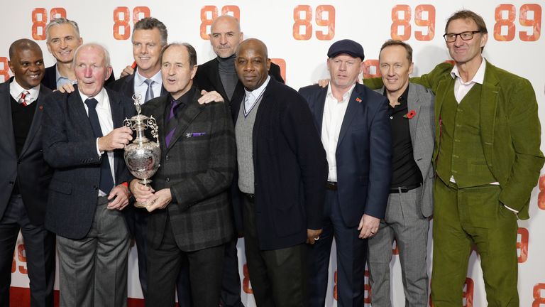 Paul Davis, Alan Smith, David O'Leary, George Graham, Steve Bould, Michael Thomas, Perry Groves, Lee Dixon and Tony Adams attend the "89" World Premiere