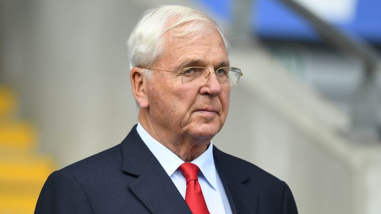 Arsenal Chairman Sir Chips Keswick in the directors box before the Premier League match between Cardiff City and Arsenal at Cardiff City Stadium on September 2, 2018 in Cardiff, United Kingdom.