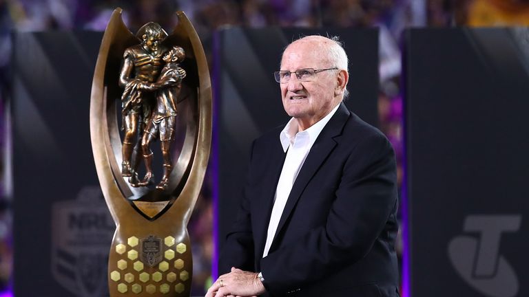 Arthur Summons poses with The Provan-Summons Trophy after the 2017 NRL Grand Final match