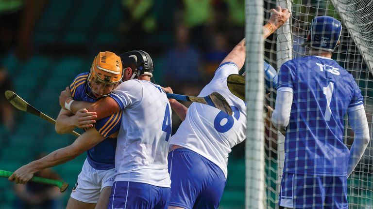 Was this a goal? Austin Gleeson of Waterford appears to catch the sliotar on the goalline but the umpires rule that the ball was over the line