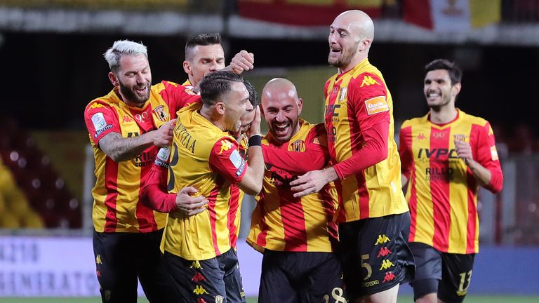 Benevento players celebrate after scoring against Pisa in January 2020
