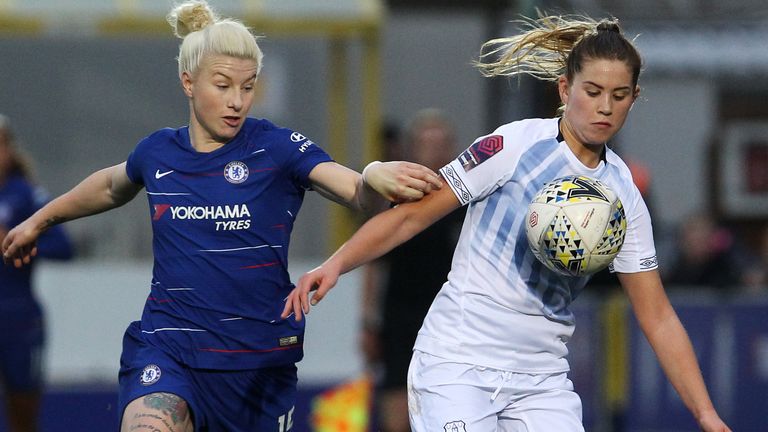 Bethany England of Chelsea Women challenges Georgia Brougham of Everton Ladies during the FA Women&#39;s Super League match between Chelsea Women and Everton Ladies at The Cherry Red Records Stadium on January 06, 2019 