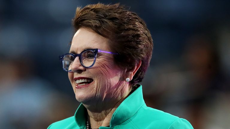  Billie Jean King looks on during the opening night ceremony at Arthur Ashe Stadium on day one of the 2019 US Open at the USTA Billie Jean King National Tennis Center on August 26, 2019 in the Flushing neighborhood of the Queens borough of New York City.