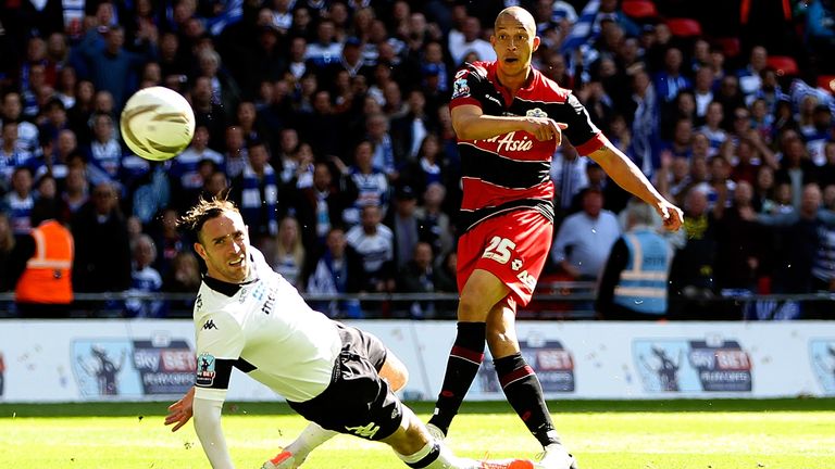 Bobby Zamora of QPR scores the winning goal during the Sky Bet Championship Playoff Final match between Derby County and Queens Park Rangers at Wembley Stadium on May 24, 2014