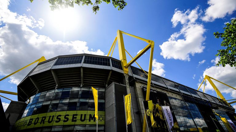 A picture taken on May 14, 2020 shows a view of the Signal Iduna Park stadium of Bundesliga football club Borussia Dortmund in Dortmund, western Germany