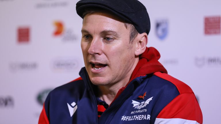 CARDIFF, WALES - JANUARY 03: Scarlets Head Coach Brad Mooar in a post match interview following the Guinness Pro14 Round 10 match between Cardiff Blues and Scarlets at Cardiff Arms Park on January 3, 2020 in Cardiff, Wales. (Photo by Huw Fairclough/Getty Images)