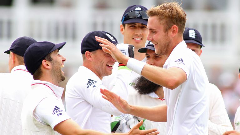 Stuart Broad and Mark Wood of England celebrate during day one of the 4th Investec Ashes Test match between England and Australia at Trent Bridge on August 6, 2015 in Nottingham, United Kingdom. 