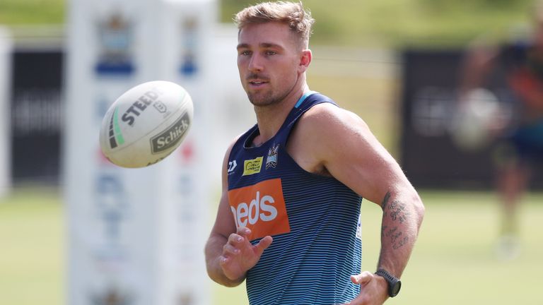 Bryce Cartwright passes during at Gold Coast NRL training session at Gold Coast Titans HQ on May 06, 2020 in Gold Coast, Australia. 