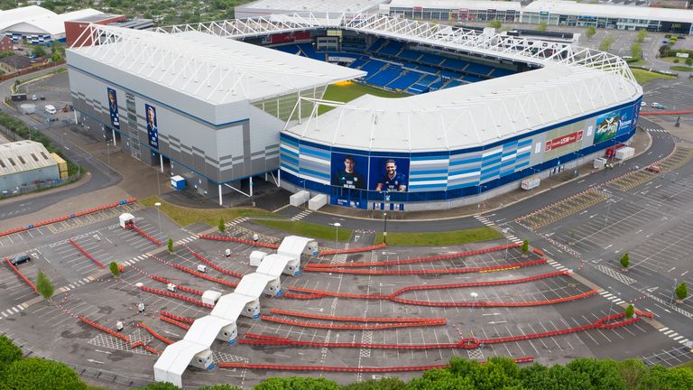 An aerial view of the drive-through coronavirus testing centre at the Cardiff City Stadium