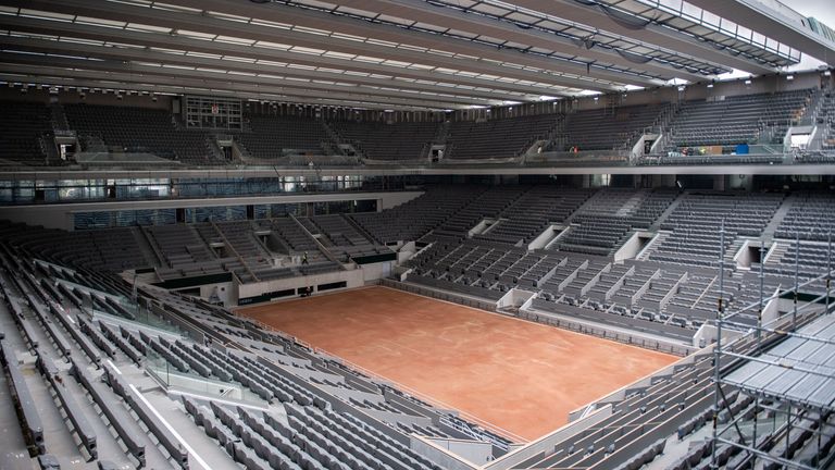 This picture taken on February 5, 2020 at the Roland Garros stadium in Paris shows the construction work of the newly built roof of the Philippe Chatrier central tennis cour