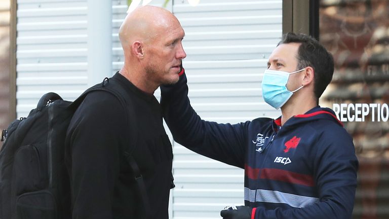 SYDNEY, AUSTRALIA - MAY 04: Roosters assistant coach Craig Fitzgibbon has his temperature checked whilst arriving at Sydney Roosters headquarters on May 04, 2020 in Sydney, Australia. NRL Players are gathering for team meeting ahead of a return to training in the lead up to the NRL's return to play date of May 28th. (Photo by Matt King/Getty Images)