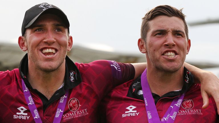 LONDON, ENGLAND - MAY 25: Somerset players (LtoR) James Hildreth, Craig Overton and Jamie Overton celebrate at the end of the Royal London One Day Cup Final match between Somerset and Hampshire at Lord's Cricket Ground on May 25, 2019 in London, England. (Photo by Sarah Ansell/Getty Images). *** Local Caption *** James Hildreth; Craig Overton; Jamie Overton