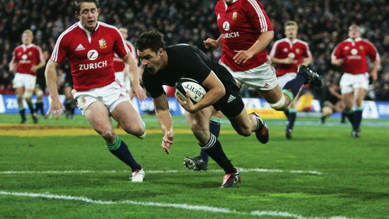 Dan Carter of the All Blacks goes over to score during the second test match between New Zealand All Blacks and British and Irish Lions at the Westpac Stadium on July 2, 2005 in Wellington