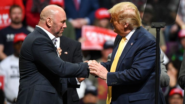 COLORADO SPRINGS, CO - FEBRUARY 20: Ultimate Fighting Championship president Dana White greets President Donald Trump on stage during a Keep America Great rally on February 20, 2020 in Colorado Springs, Colorado. Vice President Mike Pence and Sen. Cory Gardner, a first-term Republican up for reelection this year, joined Trump at the rally. (Photo by Michael Ciaglo/Getty Images)