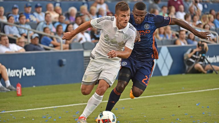 KANSAS CITY, KS - JULY 10:  Diego Rubio of Sporting Kansas City of New York City FC during the first half on July 10, 2016 at Children's Mercy Park in Kansas City, Kansas.  Sporting KC won 3-1. (Photo by Peter G. Aiken/Getty Images) 
