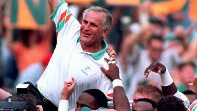 Shula gets carried off the field by his players on November 14, 1993 after beating the Philadelphia Eagles 19-14. The win was Shula's 325th in his career, making him the winningest coach in NFL history