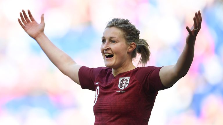 Ellen White #18 of England reacts after scoring during the second half against Japan in the SheBelieves Cup at Red Bull Arena on March 08, 2020 in Harrison, New Jersey.