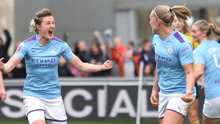  Ellen White and Pauline Bremer of Manchester City celebrate during the Barclays FA Women's Super League match between Manchester City and Arsenal at The Academy Stadium on February 02, 2020 in Manchester, United Kingdom. 