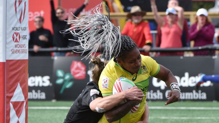 Australias Ellia Green scores a try during the gold medal game against New Zealand HSBC World Rugby Womens Sevens action in Langford, BC 