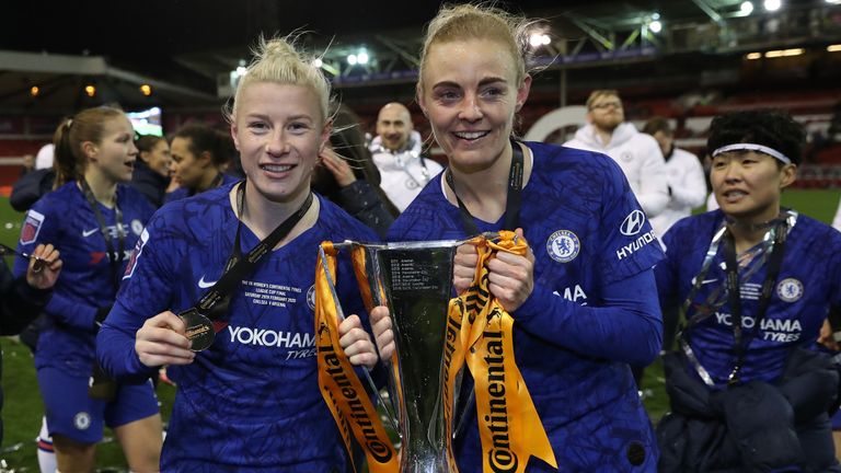 Bethany England and Sophie Ingle of Chelsea celebrate with the FA Women's Continental League Cup