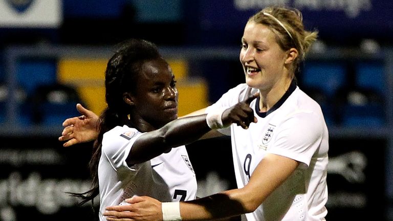 Eni Aluko and Ellen White celebrate an England goal back in 2013