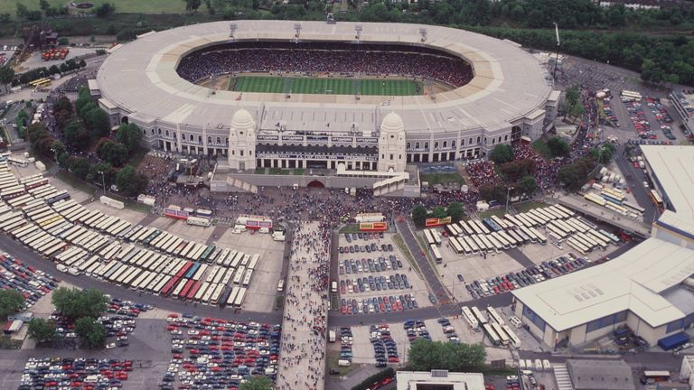 An aerial view of Wembley's famous twin towers ahead of the 1995 FA Cup final