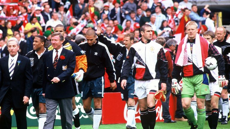 Eric Cantona leads Man Utd out for the 1996 FA Cup final in Steve Bruce's absence