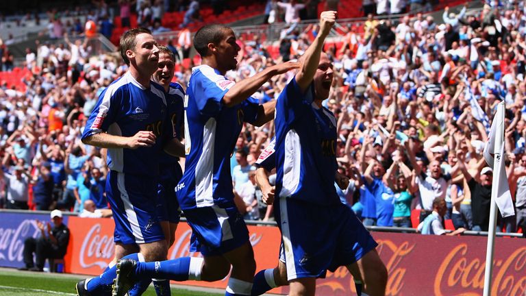 Gary Alexander celebrates scoring a sensational goal during Millwall's play-off final against Scunthorpe