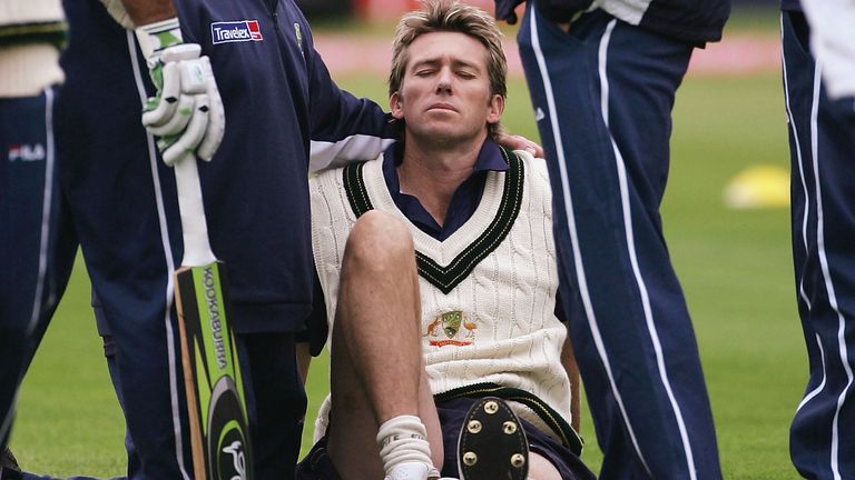 BIRMINGHAM, ENGLAND - AUGUST 4: Glenn McGrath sits injured during warm up during the 2nd Npower Ashes Test Match between England and Australia at Edgbaston on August 4 2005 in Birmingham, England. (Photo by Tom Shaw/Getty Images) *** Local Caption *** Glenn McGrath