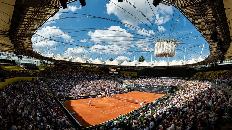 This is a panoramic stitched from separate photosA general view during the semifinal match between Alexander Zverev of Germany and Nikoloz Basilashvili of Georgia during the Hamburg Open 2019 at Rothenbaum on July 27, 2019 in Hamburg, Germany.