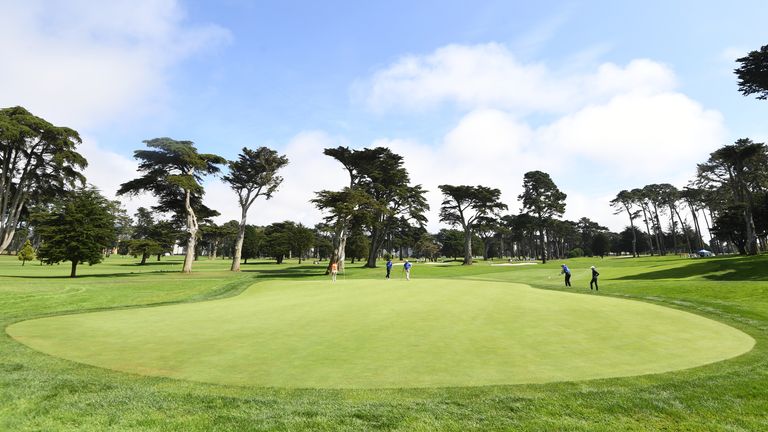 SAN FRANCISCO, CA - SEPTEMBER 16: A group plays a hole during the 2019 Stephen Curry Charity Classic presented by Workday at TPC Harding Park on September 16, 2019 in San Francisco, California. (Photo by Noah Graham/Getty Images for PGA of America)