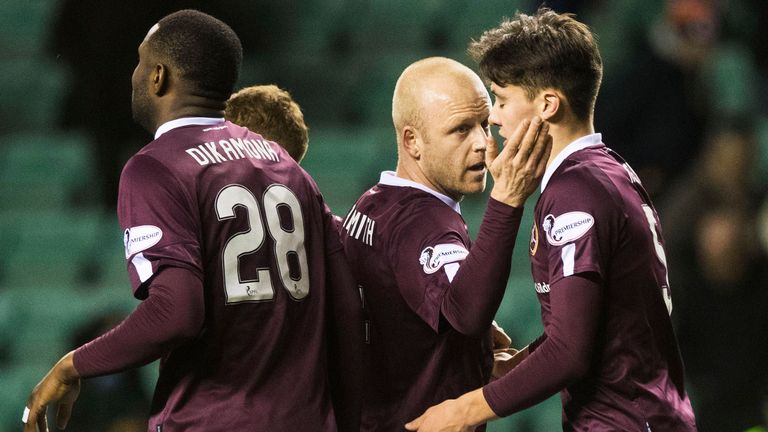 Hearts' Steven Naismith and Aaron Hickey celebrate at Full Time during the Ladbrokes Premiership match between Hibs and Hearts at Easter Road on March 03, 2020