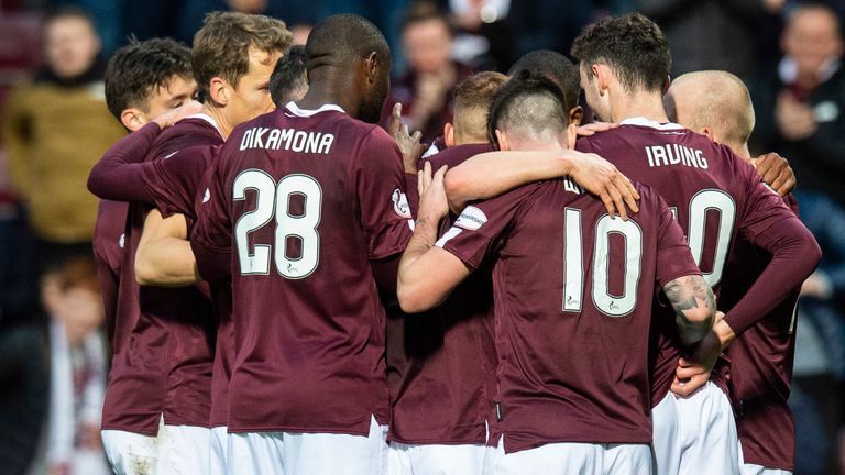 Hearts celebrate equaliser from Uche Ikpeazu during the Ladbrokes Premiership match between Hearts and St Mirren, at Tynecastle Park, on November 09, 2019 