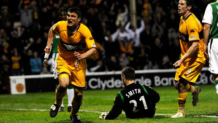 John Sutton celebrates after pulling Motherwell back to within a goal at 6-5