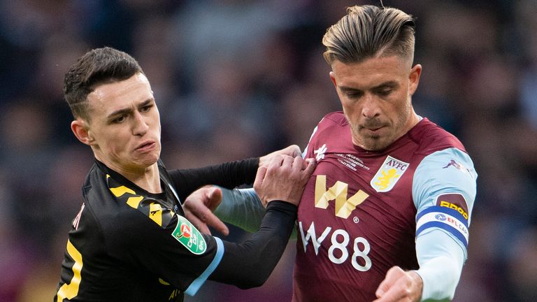 LONDON, ENGLAND - MARCH 01: Phil Foden of Manchester City and Jack Grealish of Aston Villa during the Carabao Cup Final between Aston Villa and Manchester City at Wembley Stadium on March 01, 2020 in London, England. (Photo by Visionhaus)