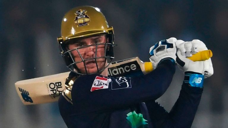 Quetta Gladiators's Jason Roy plays a shot during the Pakistan Super League (PSL) Twenty20 cricket match between Quetta Gladiators and Islamabad United at The Rawalpindi Cricket Stadium in Rawalpindi on February 27, 2020. (Photo by Aamir QURESHI / AFP) (Photo by AAMIR QURESHI/AFP via Getty Images)