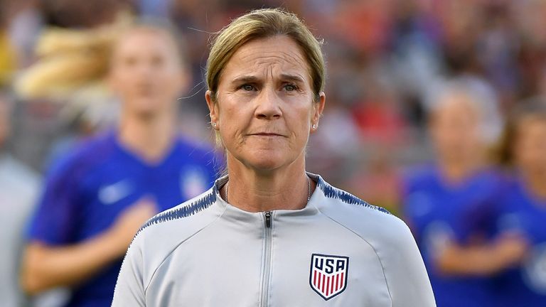 United States women&#39;s national soccer team head coach, Jill Ellis, leaves the field before the match against the Republic of Ireland during the first game of the USWNT Victory Tour at Rose Bowl on August 03, 2019 in Pasadena, California