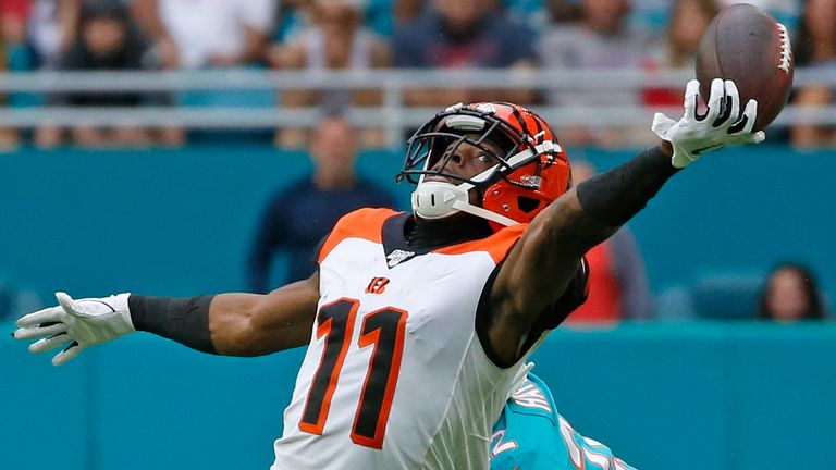 MIAMI GARDENS, FL - DECEMBER 22: John Ross III #11 of the Cincinnati Bengals is unable to catch the ball against the Miami Dolphins during an NFL game on December 22, 2019 at Hard Rock Stadium in Miami Gardens, Florida. The Dolphins defeated the Bengals 38-35 in overtime. (Photo by Joel Auerbach/Getty Images) *** Local Caption *** John Ross III