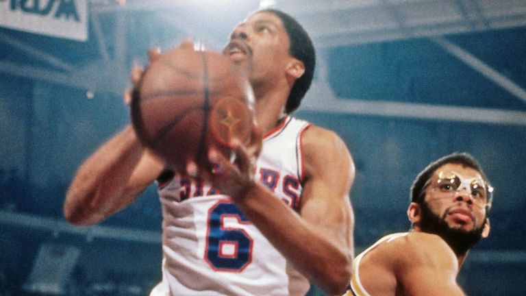 Julius Erving attacks the basketball against the Los Angeles Lakers