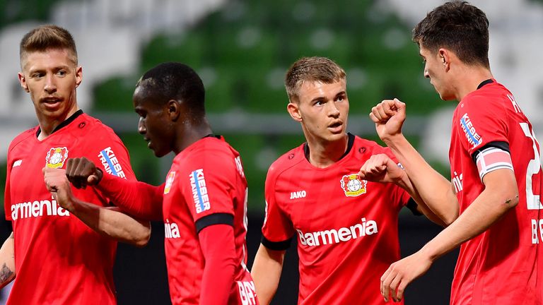 Kai Havertz celebrates scoring Bayer Leverkusen's first goal against Werder Bremen