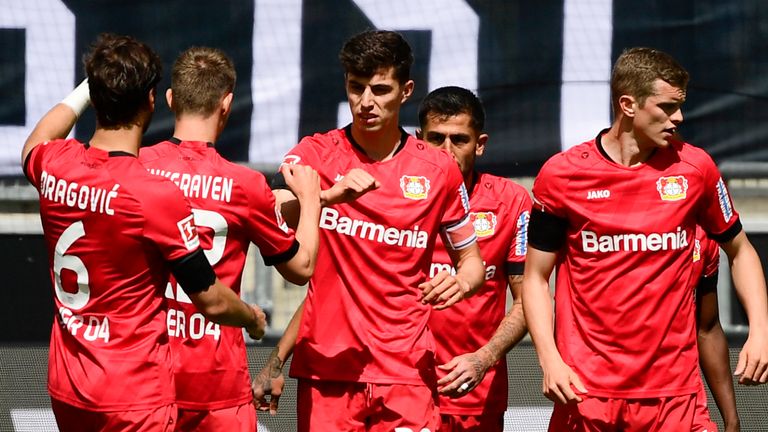 Leverkusen's German midfielder Kai Havertz (3L) celebrates with teammates scoring the 0-1 during the German first division Bundesliga football match Borussia Moenchengladbach v Bayer 04 Leverkusen on May 23, 2020 in Moenchengladbach, western Germany. (Photo by INA FASSBENDER / AFP) / DFL REGULATIONS PROHIBIT ANY USE OF PHOTOGRAPHS AS IMAGE SEQUENCES AND/OR QUASI-VIDEO